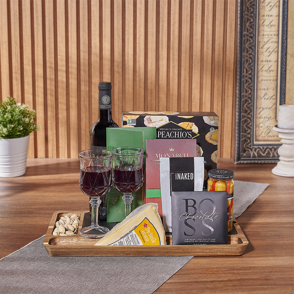 The Big Celebration Kosher Set, kosher gift, kosher wine, crackers, chocolate, nuts, olives, cheese, glasses, board, Boston Delivery