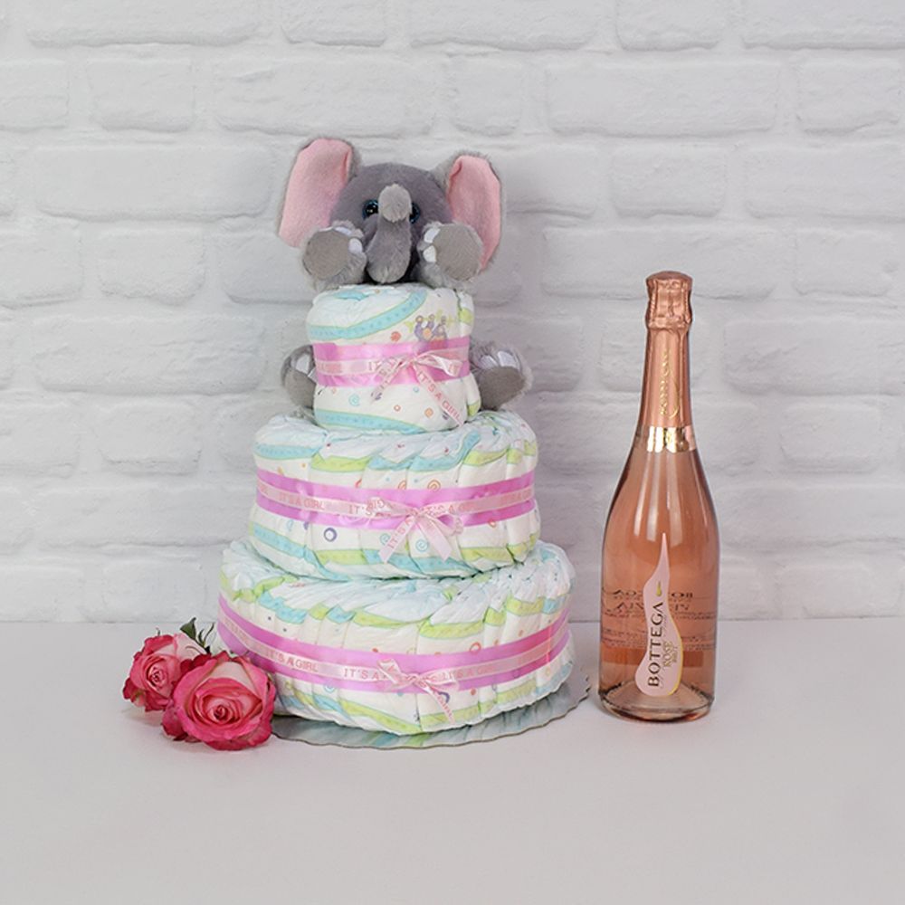 Deluxe Champagne and Three-Tier Diaper Cake Basket Gift – how the gift is presented