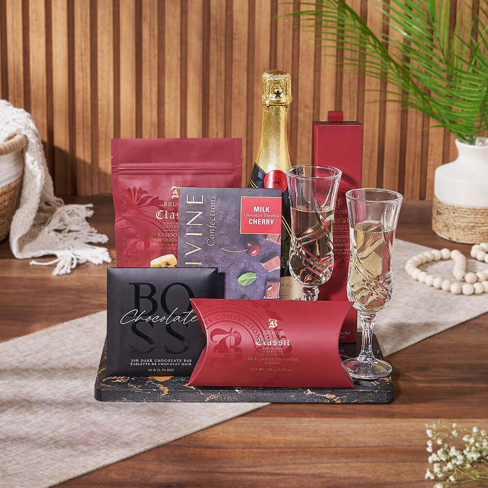 Sparkling Wine Gift Basket Featuring Artisan Chocolates and Marble Serving Board – how the gift is presented