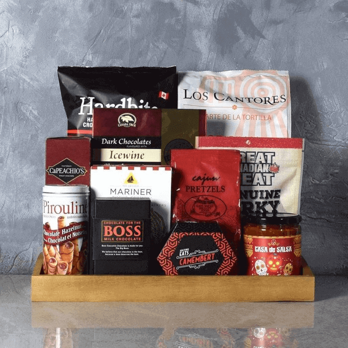 Artisan Gourmet Snack Gift Basket with Wooden Tray – how the gift is presented