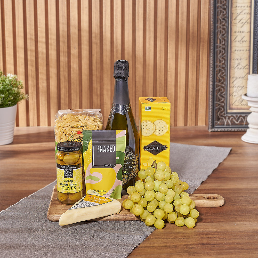 The Sweet New Year Celebration Kosher Gift Set, kosher gift, sparkling wine, crackers, pasta, dried fruit, olives, cheese, fruit, board, kosher, Boston Delivery