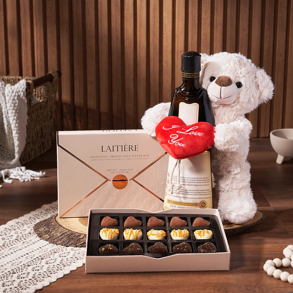 Liquor Gift Set with Laitière Chocolate Truffles and Live-Edge Serving Board – how the gift is presented