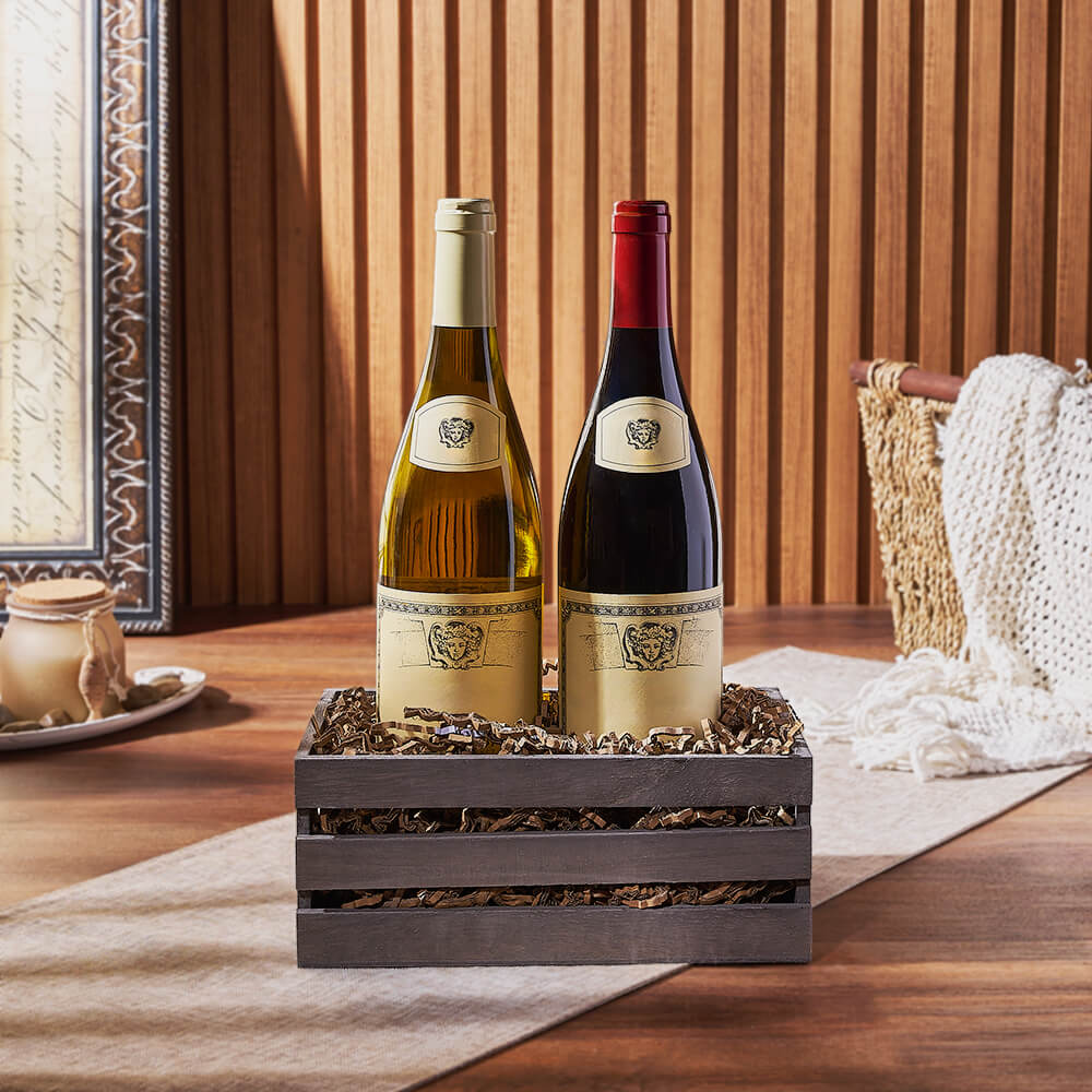 Sophisticated Wine Basket Featuring Two Bottles in Distressed Wooden Crate – how the gift is presented