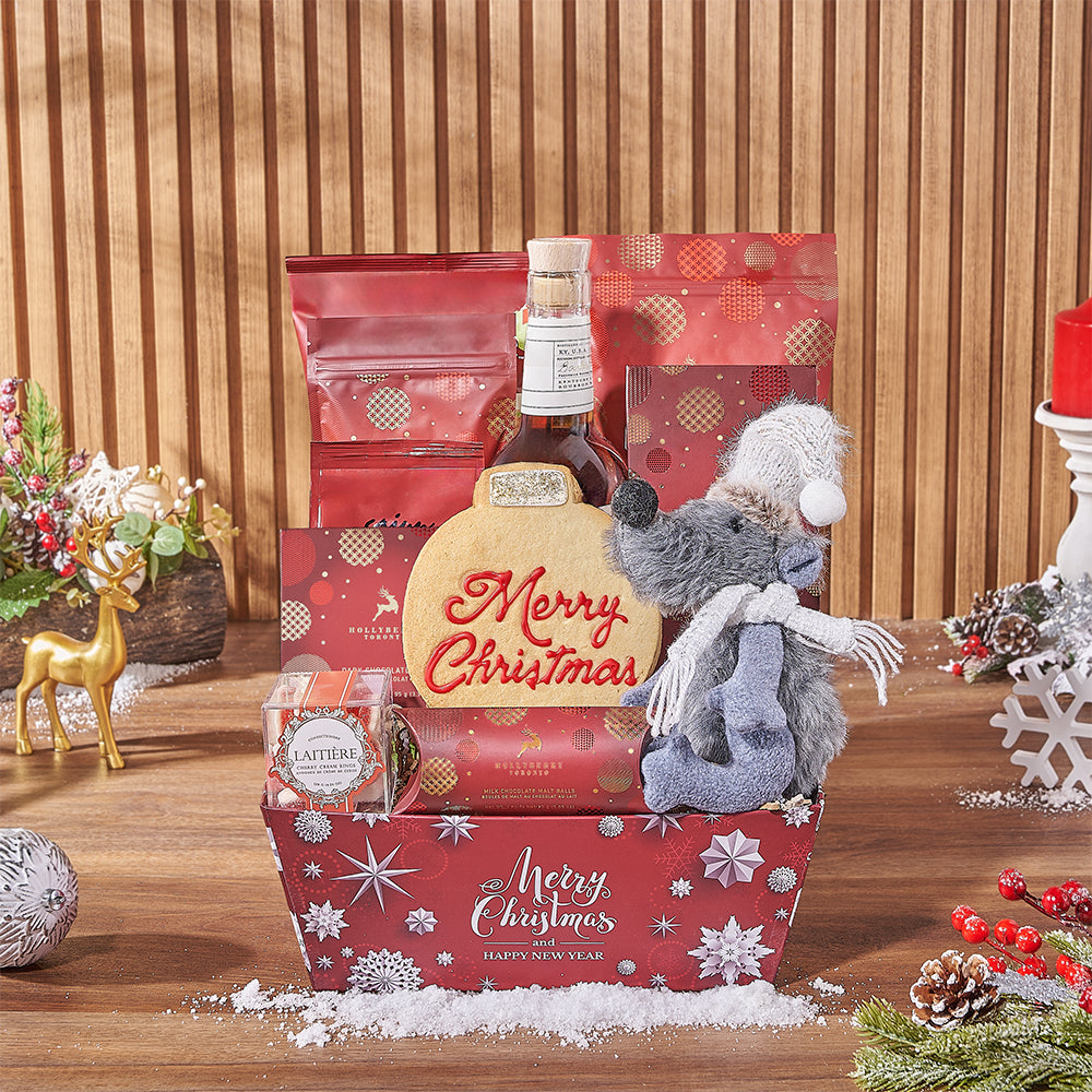 Deluxe Liquor Market Tray with Holiday Gourmet Treats – how the gift is presented