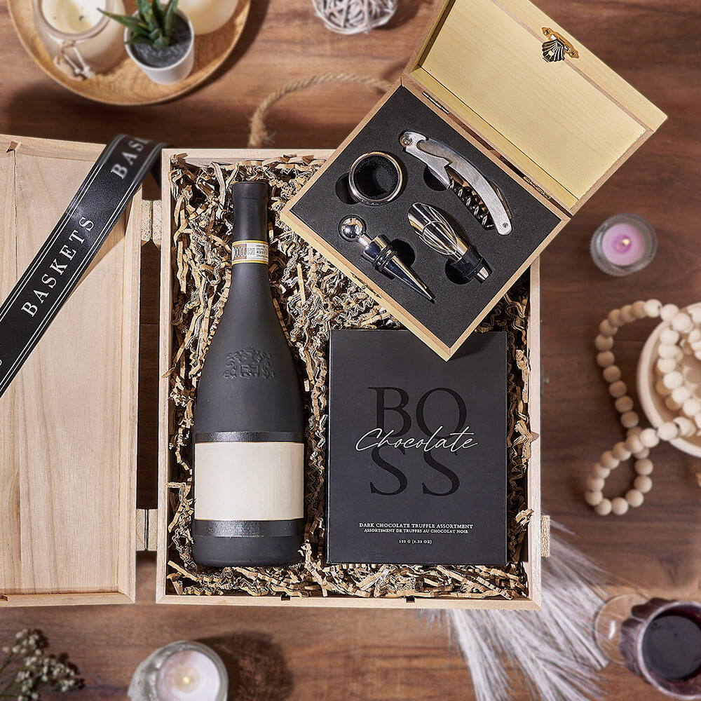 Burned Finish Wooden Wine Box with BOSS Dark Chocolate Truffles Gift Basket – how the gift is presented