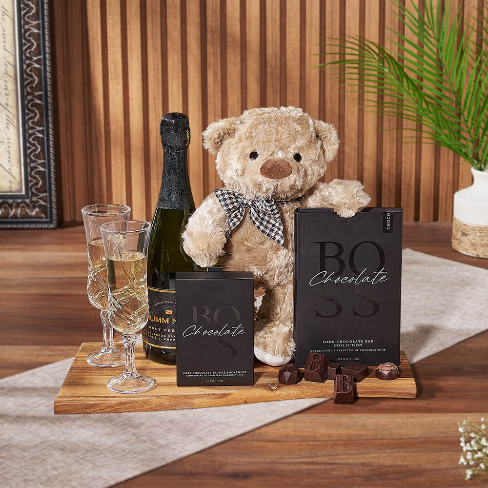 Premium Sparkling Wine Gift Basket with BOSS Dark Chocolate Bars – how the gift is presented