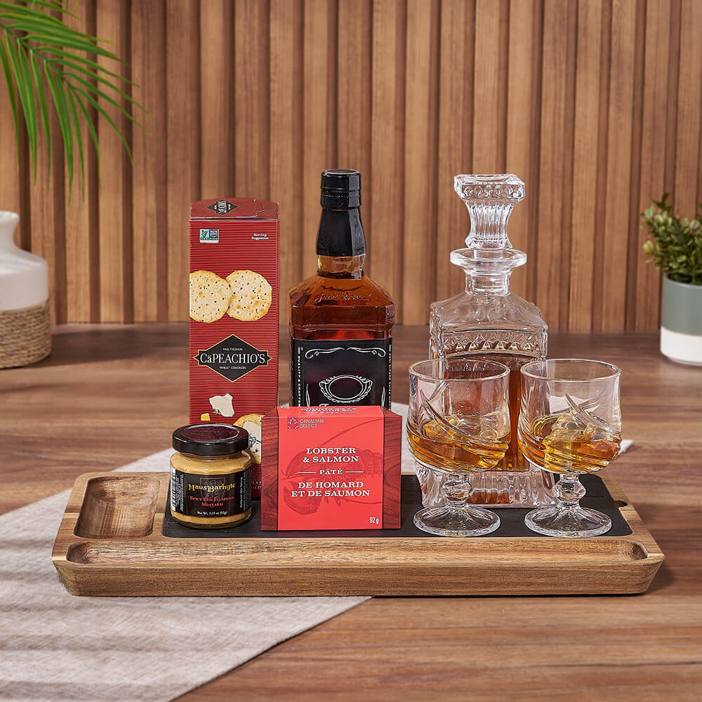 Gourmet Whiskey Basket with Decanter, Crackers, and Pâté – how the gift is presented