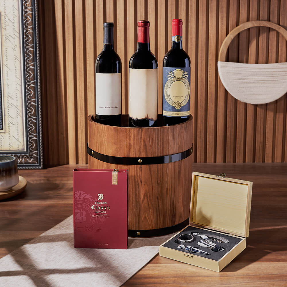 Standing Wooden Half Barrel Wine Gift Basket with Assorted Bruges Chocolates – how the gift is presented