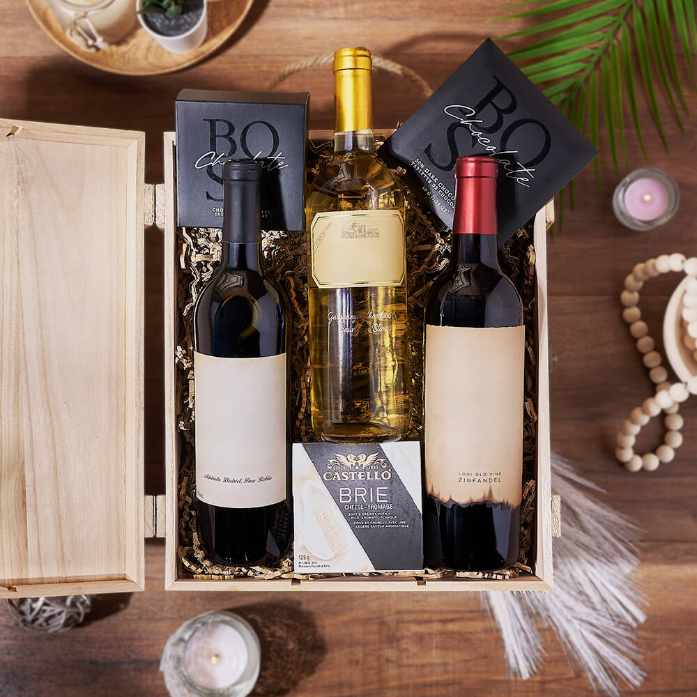 Wine Trio Pairing Gift, wine gift, wine, chocolate gift, chocolate, cheese gift, cheese, Boston Delivery