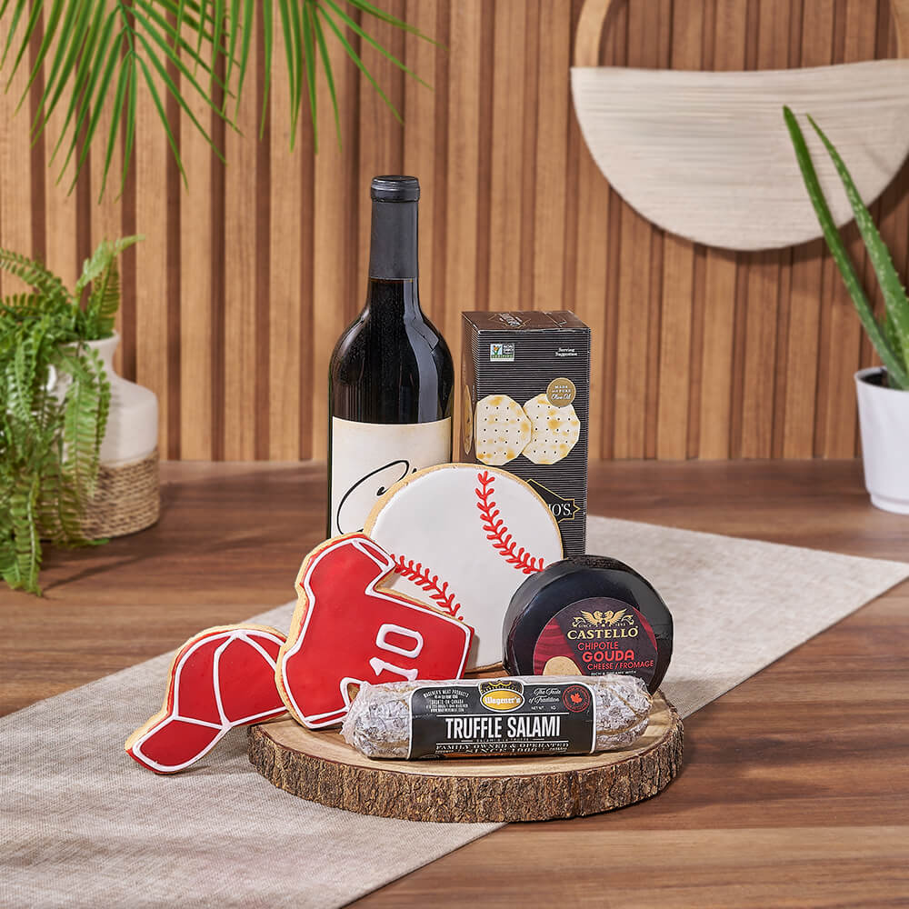 Wine and Gourmet Treats Basket with Baseball Cookie Set – how the gift is presented