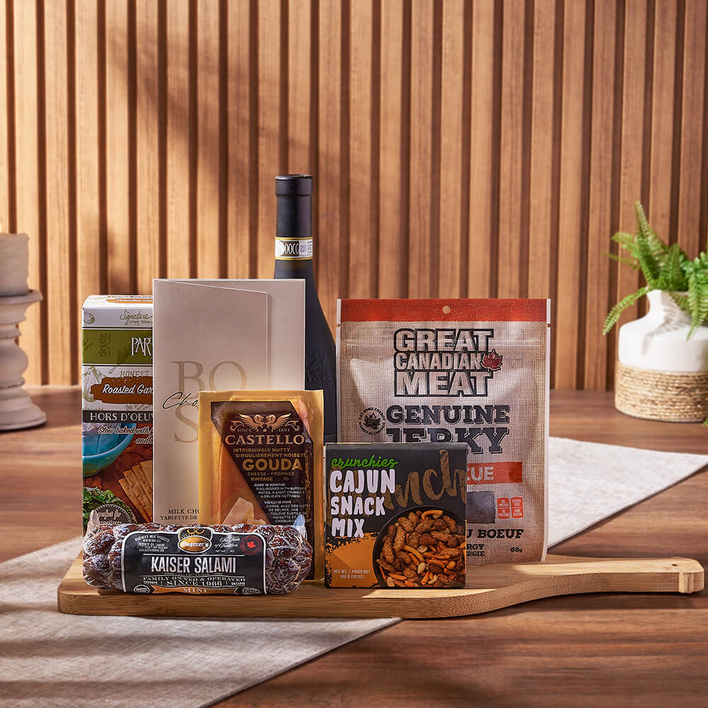 Gourmet Gift Basket with Wine Bottle and Bamboo Serving Board – how the gift is presented