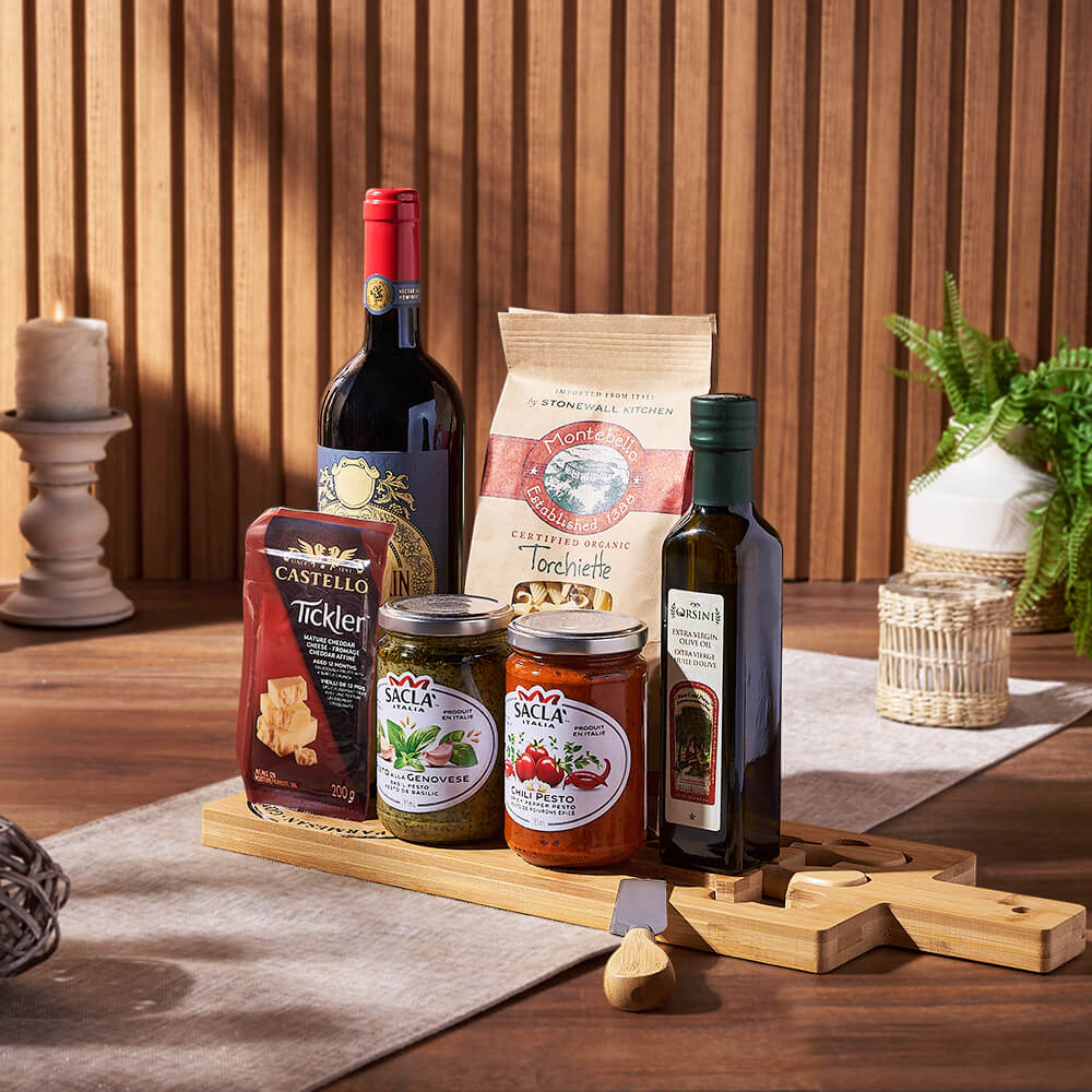 Gourmet Wine Gift Basket with Italian Pasta and Cheese Board – how the gift is presented