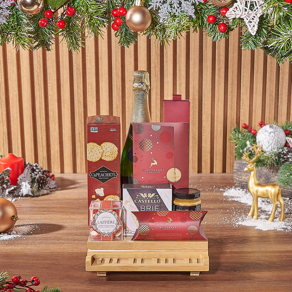 Festive Sparkling Wine Gift Basket with Gourmet Cheese and Truffles – how the gift is presented