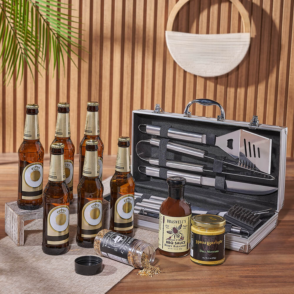 Gourmet BBQ Basket Featuring Six Beers and Premium Grill Utensils – how the gift is presented