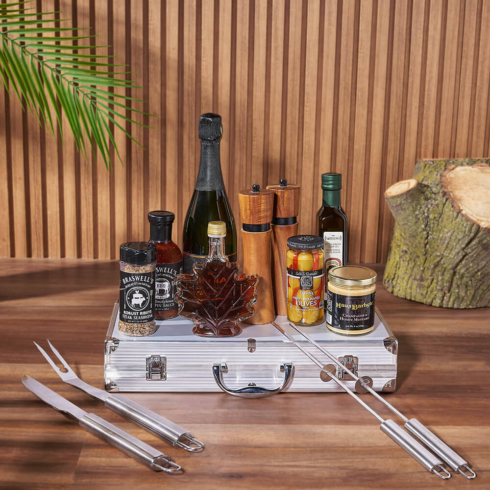 Deluxe Sparkling Wine Gift Basket Featuring Chef's Grill Tools – how the gift is presented