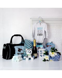 BABY BOY ALL IN ONE GIFT SET WITH CHAMPAGNE, baby boy gift hamper, newborns, new parents
